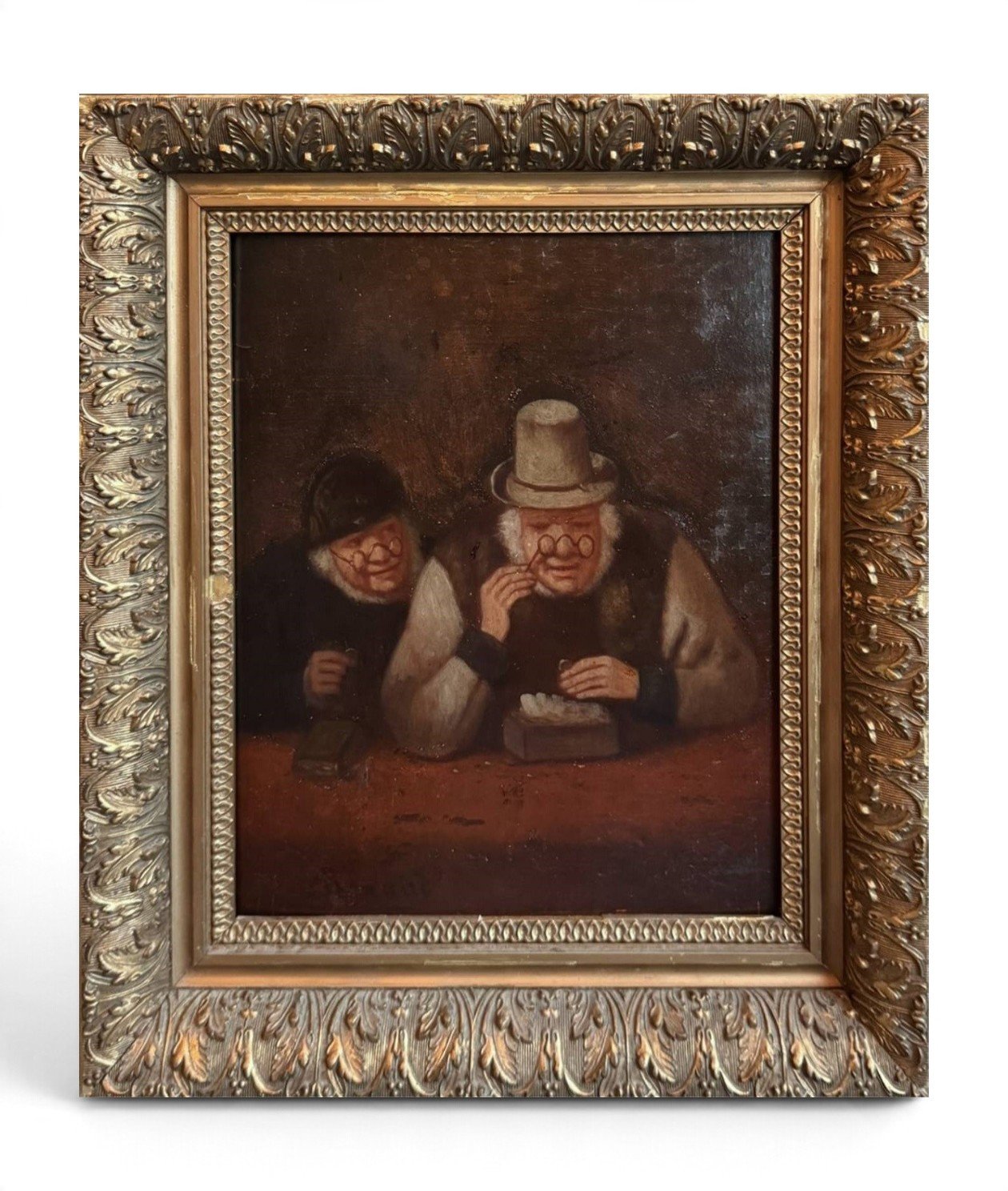 19th Century Antique Oil Painting on Wood, Attributed to Jean Renaud (1842-1899), A Greedy Little Business
